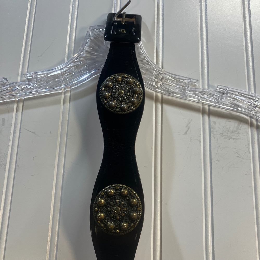 Garay Vintage Black Cowhide Leather Scalloped Medallion Studded Belt Size 24